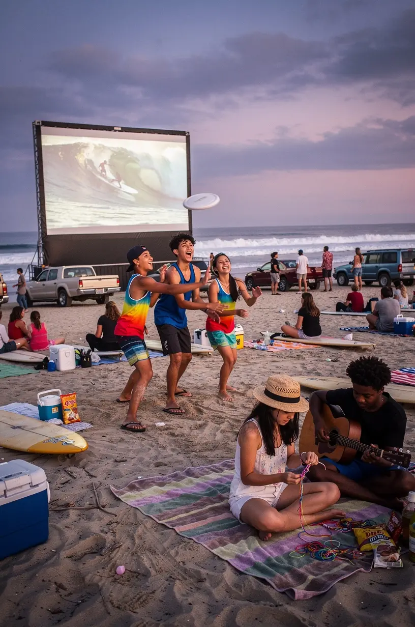 Водитель автомобиля на парковке автокинотеатра готовится к просмотру фильма с локальными сюжетами, связанными с культурой США.