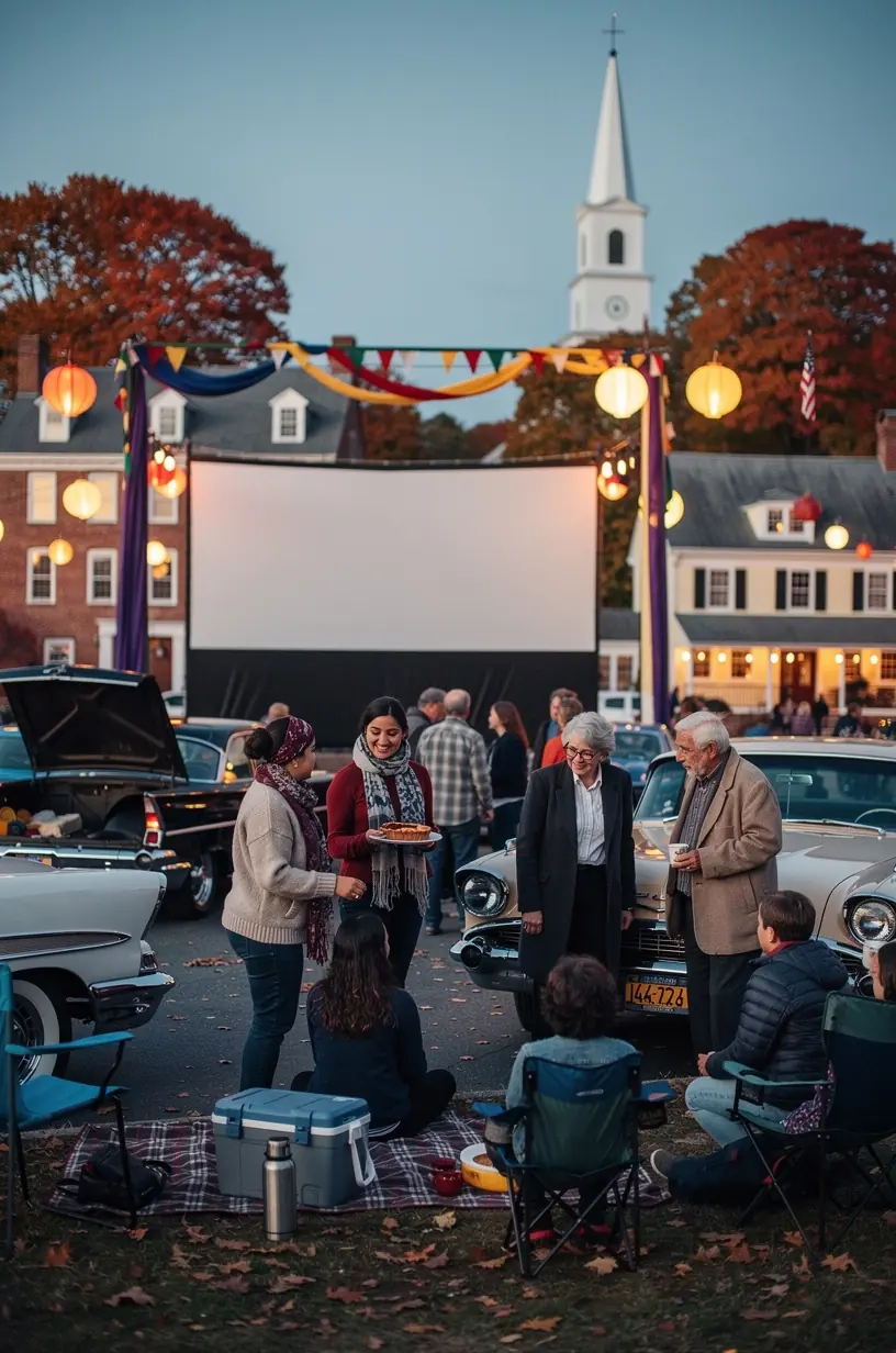 Ночная сцена с автомобилями, припаркованными перед большим экраном автокинотеатра, освещённым мягким светом и звёздным небом.