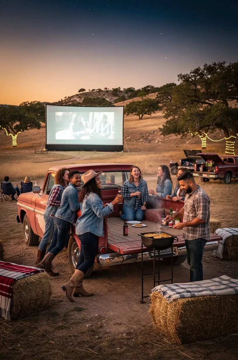 Семья размещается в машине на парковке кинотеатра под открытым небом, окружённом местными природными достопримечательностями.