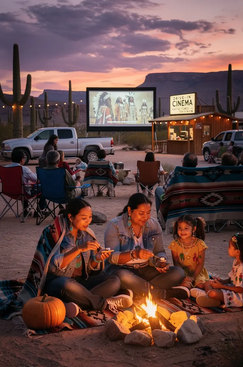 Панорамный вид на сеть открытых автокинотеатров, расположенных вдоль популярных туристических троп в США.